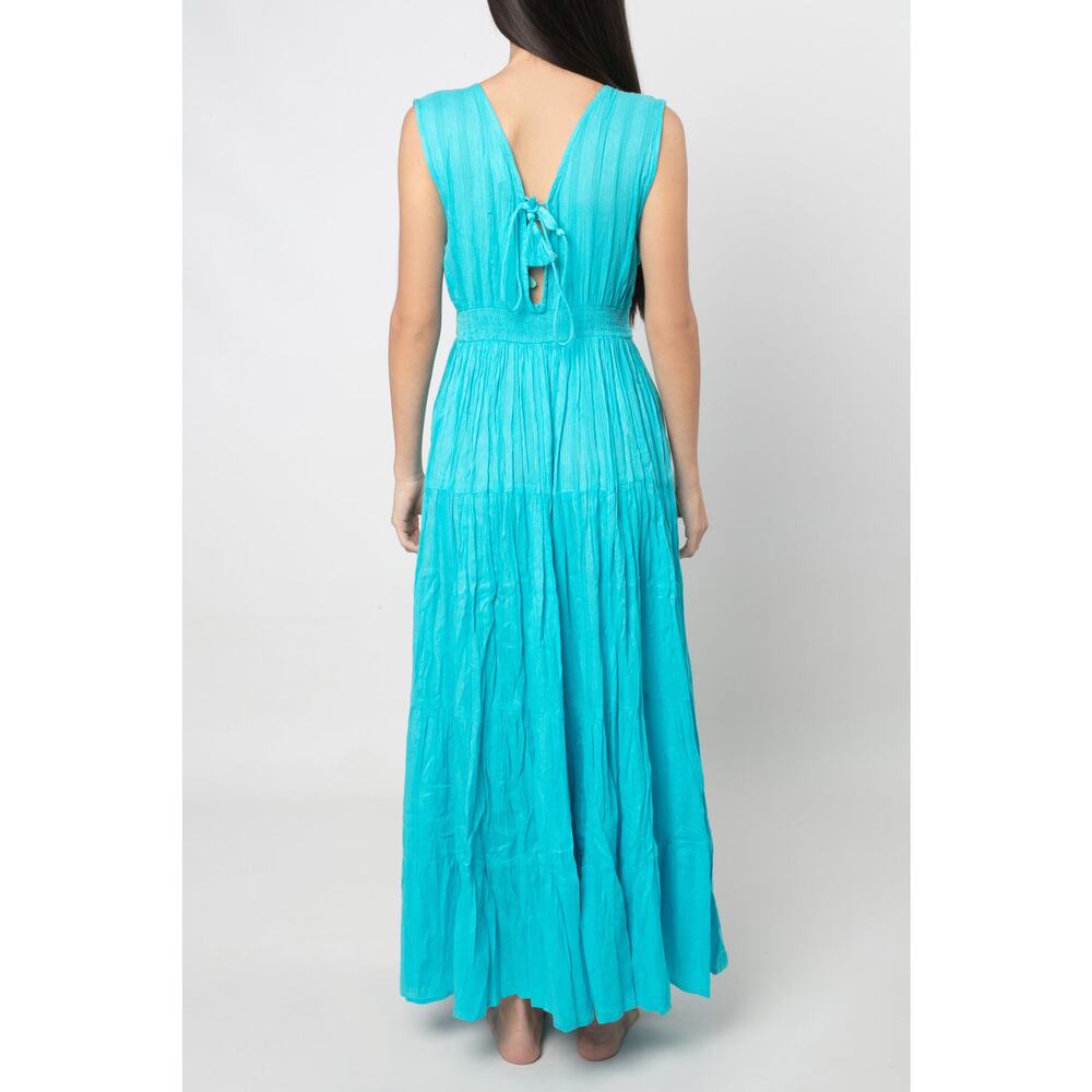 Antica Satoria Teal Blue Sleeveless Tiered Maxi Dress Euro Summer European Flowy - Picture 4 of 8
